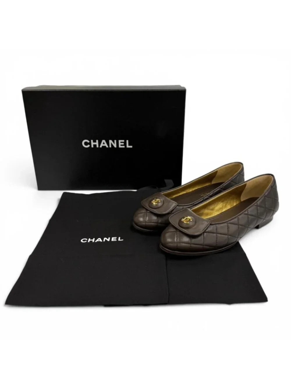 Chanel Ballerina CC Logo Quilted Ballet Shoes Brown Gold